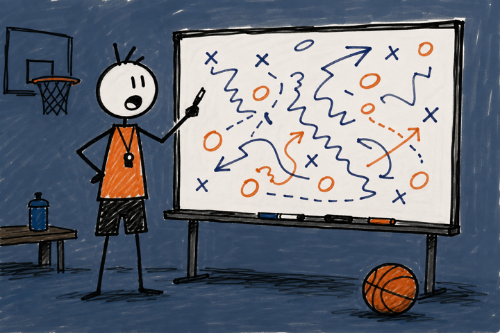 Stick figure coach at a messy tactics whiteboard